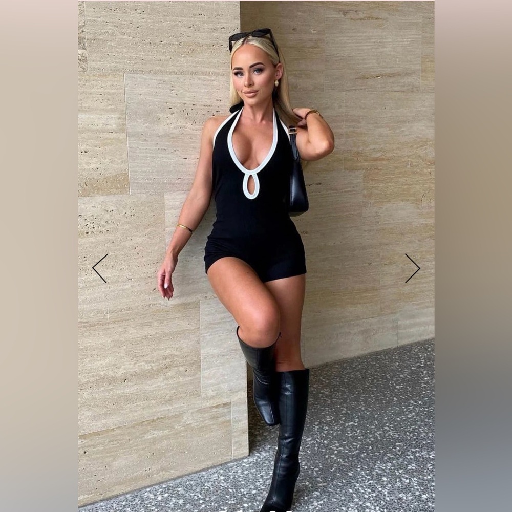 Short Jumpsuit Black & White Ribbed Contrast Keyhole Cut Out Romper